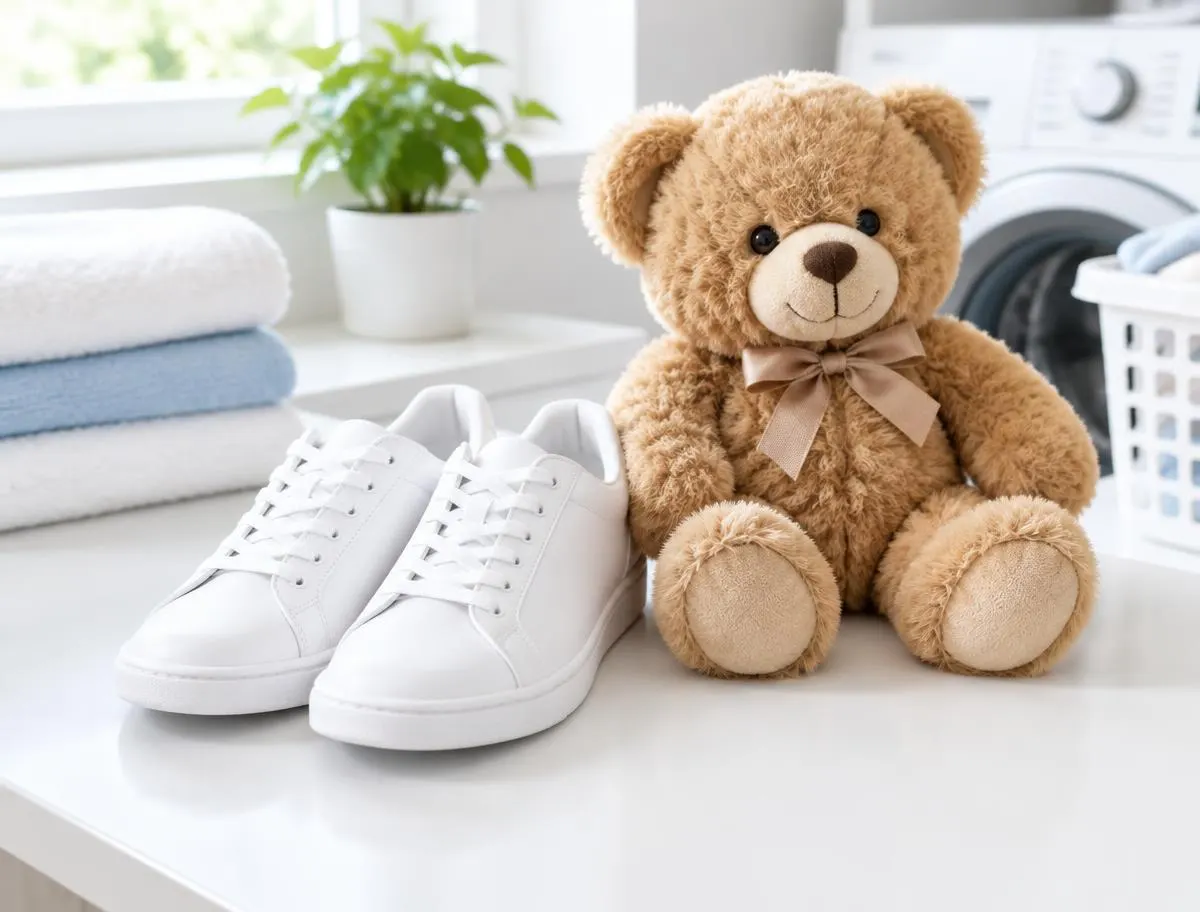 Par de tenis blancos limpios junto a un peluche de oso
