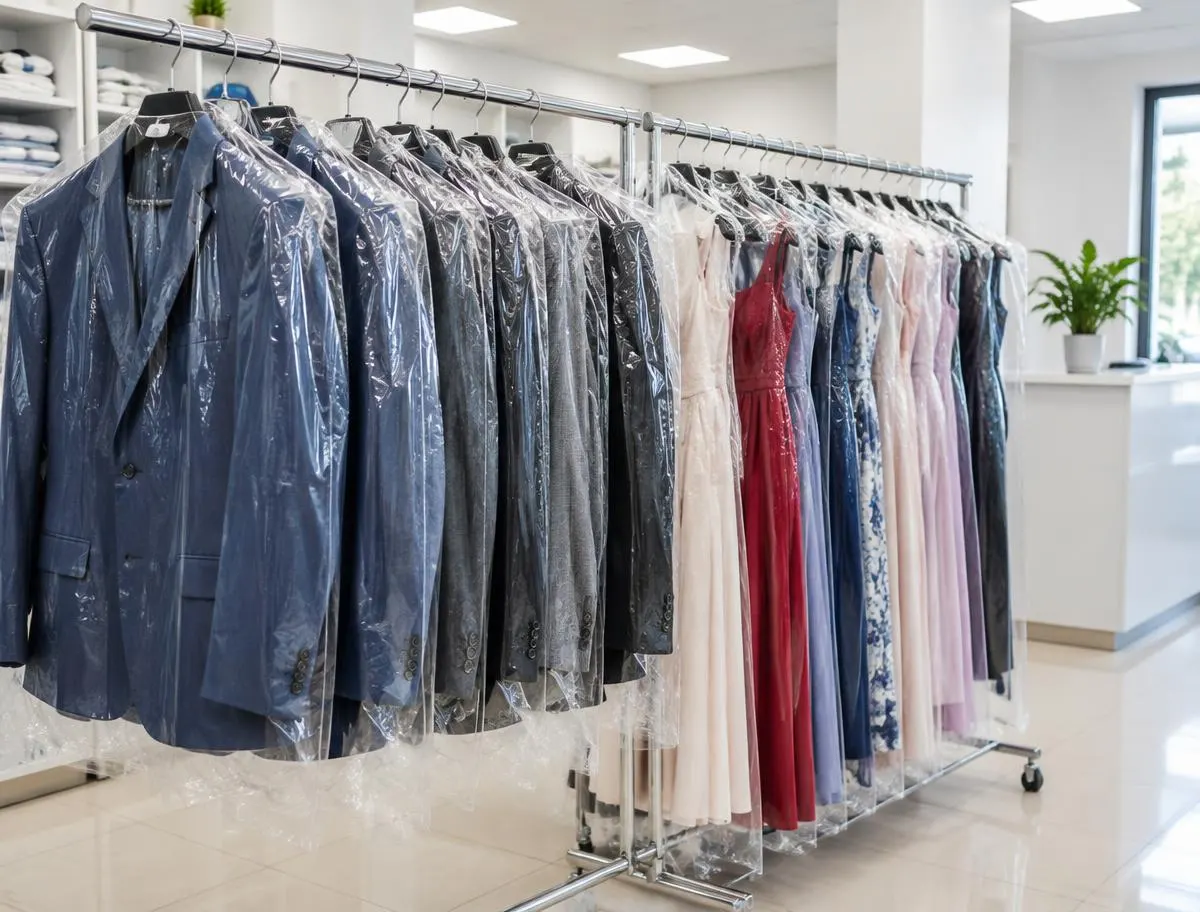 Trajes y vestidos colgados con funda protectora en un perchero de tintorería