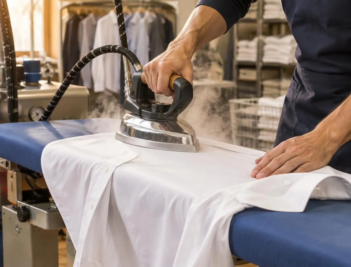 Planchado con vapor de una camisa blanca en mesa profesional